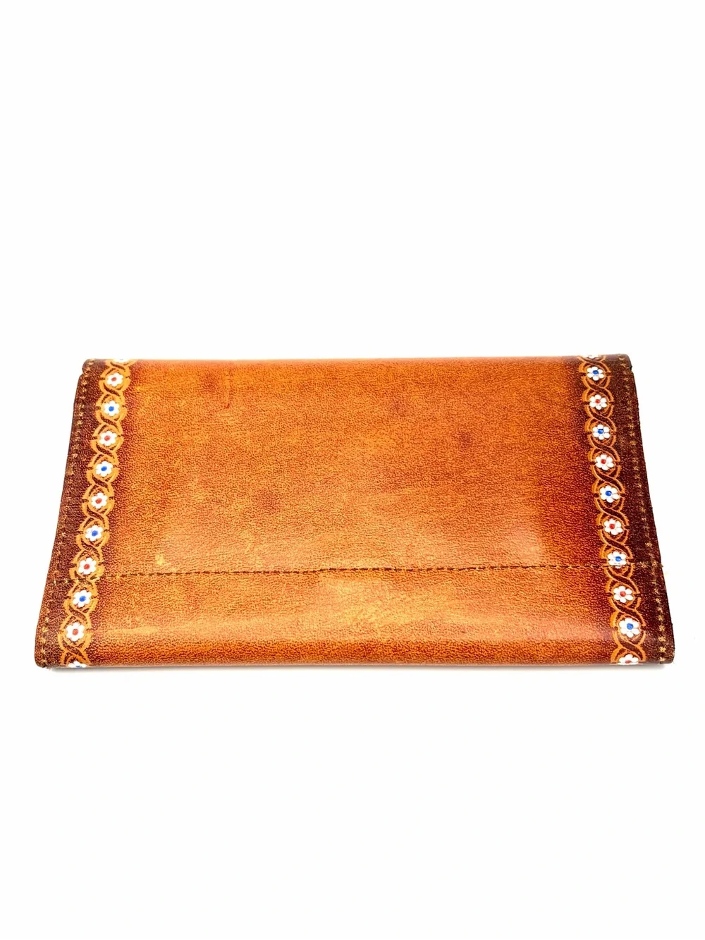 Vintage Hand-tooled Tan Leather Envelope Wallet, Flower Border, Suede Interior